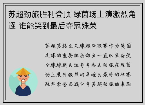 苏超劲旅胜利登顶 绿茵场上演激烈角逐 谁能笑到最后夺冠殊荣