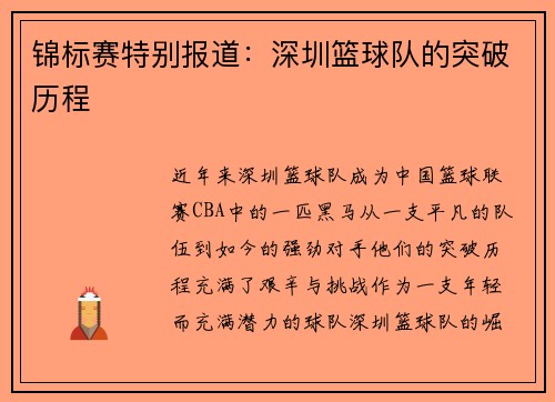 锦标赛特别报道：深圳篮球队的突破历程