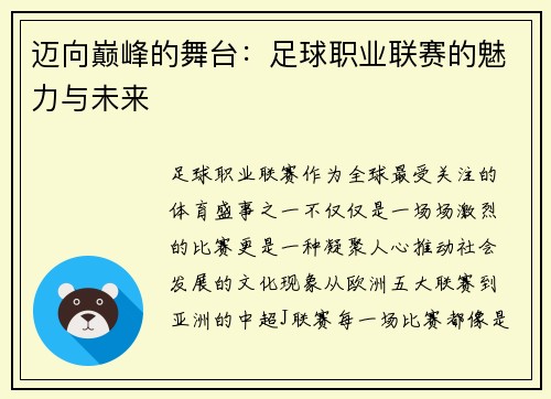 迈向巅峰的舞台：足球职业联赛的魅力与未来
