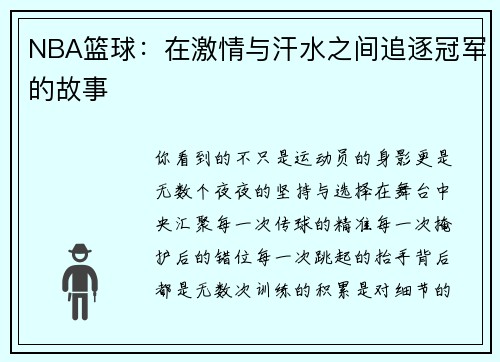 NBA篮球：在激情与汗水之间追逐冠军的故事