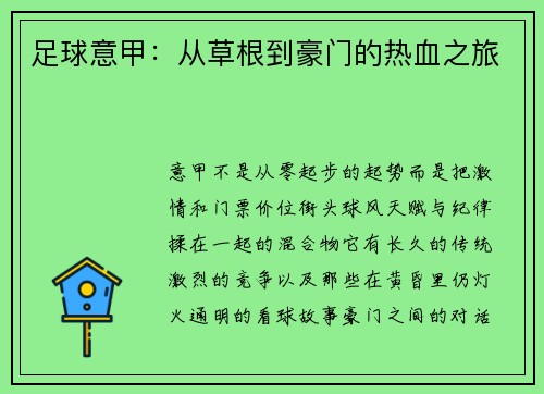 足球意甲：从草根到豪门的热血之旅