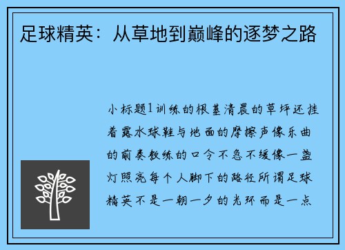 足球精英：从草地到巅峰的逐梦之路